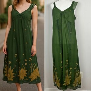 Vintage Magic Green Floral Ruffle Maxi Dress Babydoll Y2K Womens Size Large Boho